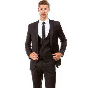 Men's Two Button Vested Hybrid Fit Micro Mini Pinstripe Business Suit In Black